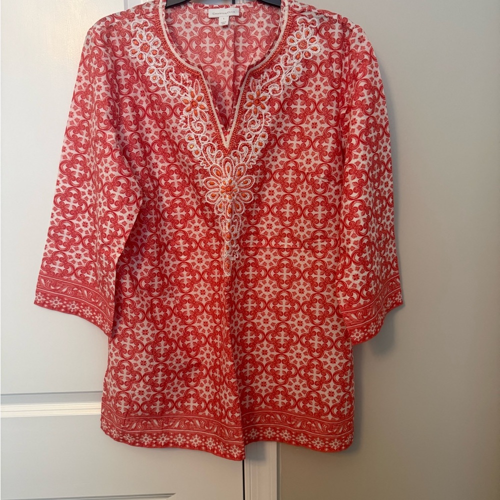 Charter Club Coral and White Embroidered V-Neck Tunic